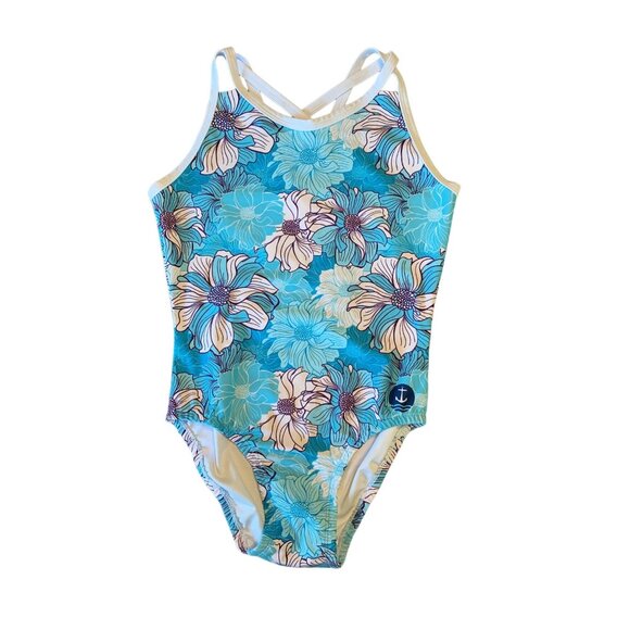 ANCHOR ACTIVE WEAR Floral Gymnastics Leotard Girls 12 CXL Blue Strappy Back Leo - Picture 1 of 5